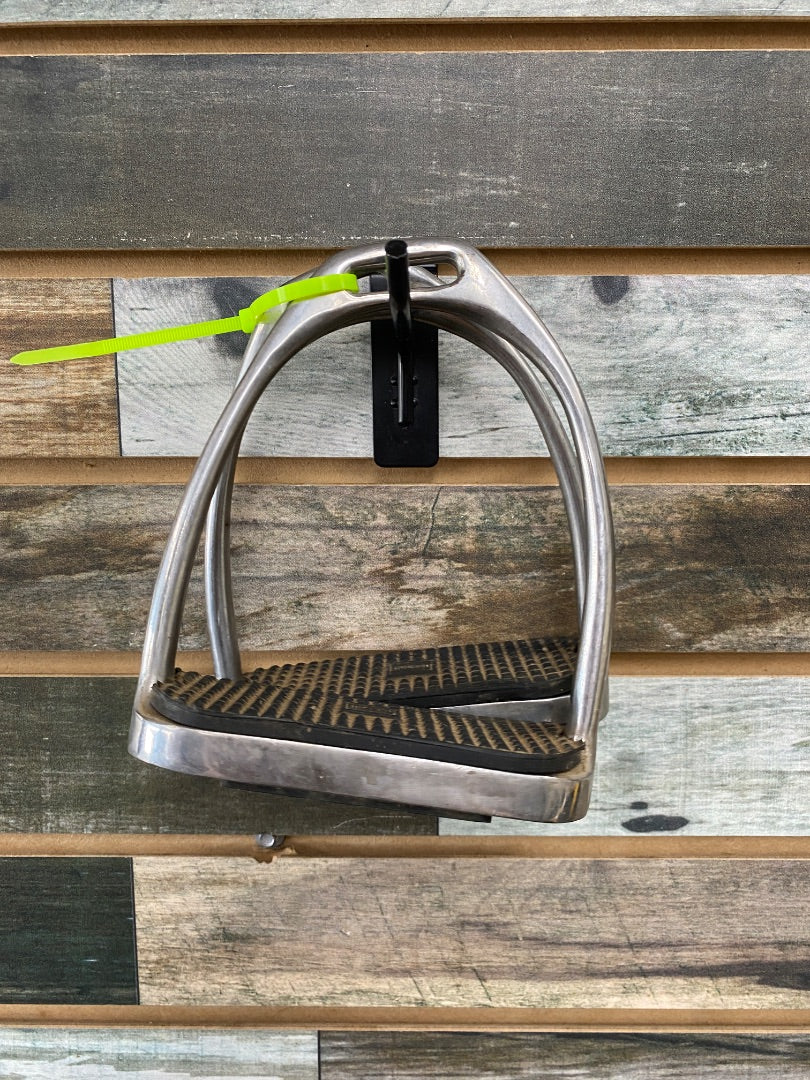 USED Stubben Offset Stirrup Irons 5" Silver/Black Foot Padding
