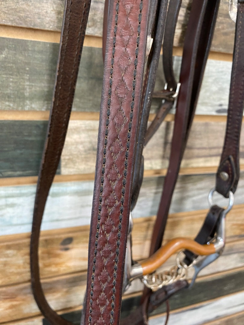 USED Western Browband Show Headstall with 5" Curb Bit and Split Reins Horse Dark Oil
