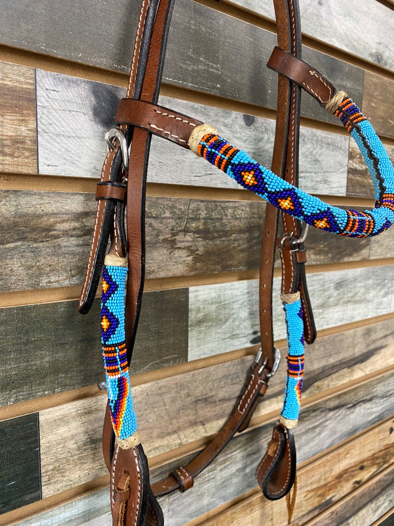 USED Beaded Browband Western Headstall Horse Medium Oil