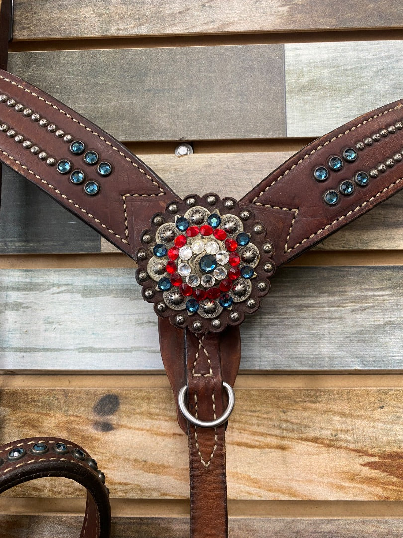 USED Brestcollar and Tiedown Set Horse Red/Blue Gems
