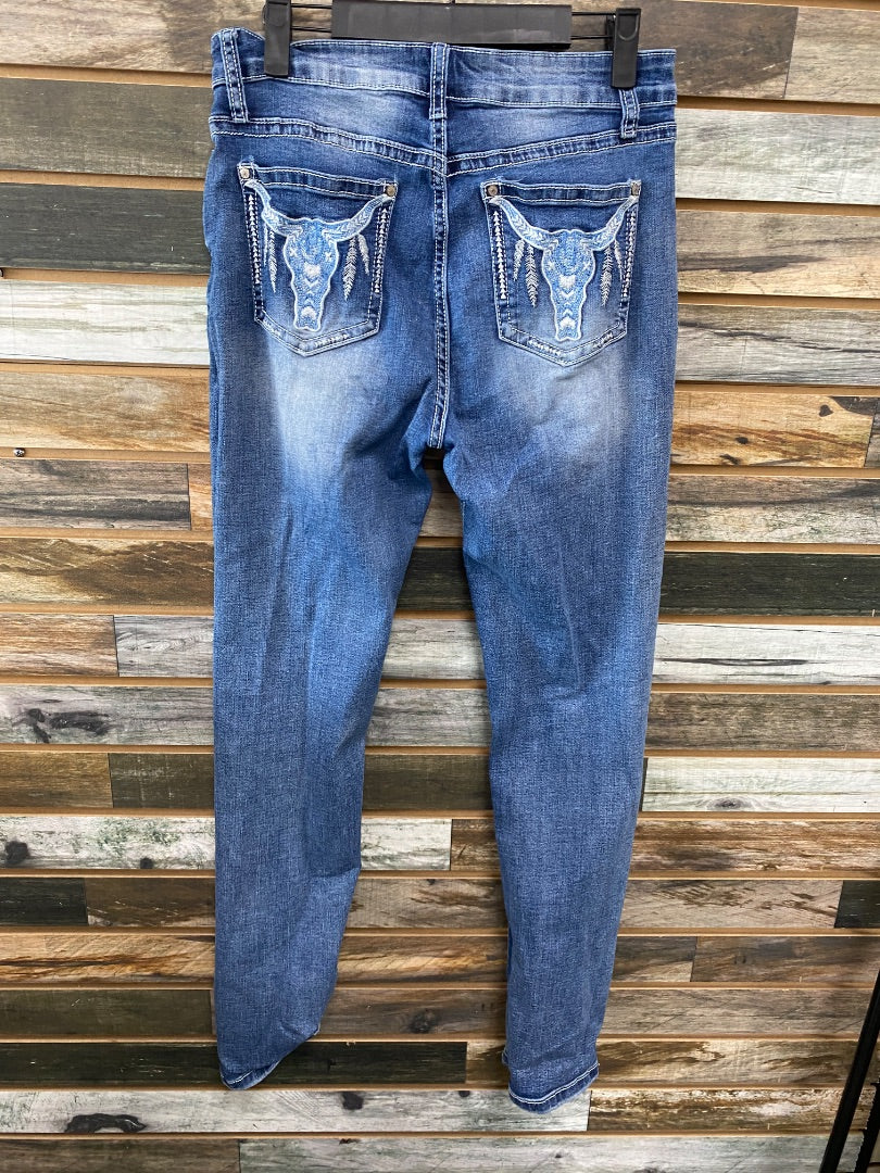 USED Ladies Bootcut Western Jeans Emboired Longhorn On Pockets