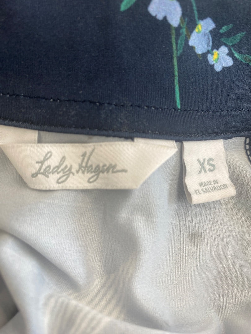 USED Lady Hagen 3/4 Zip Floral Top, Long Sleeve XS Navy w/Floral Pattern