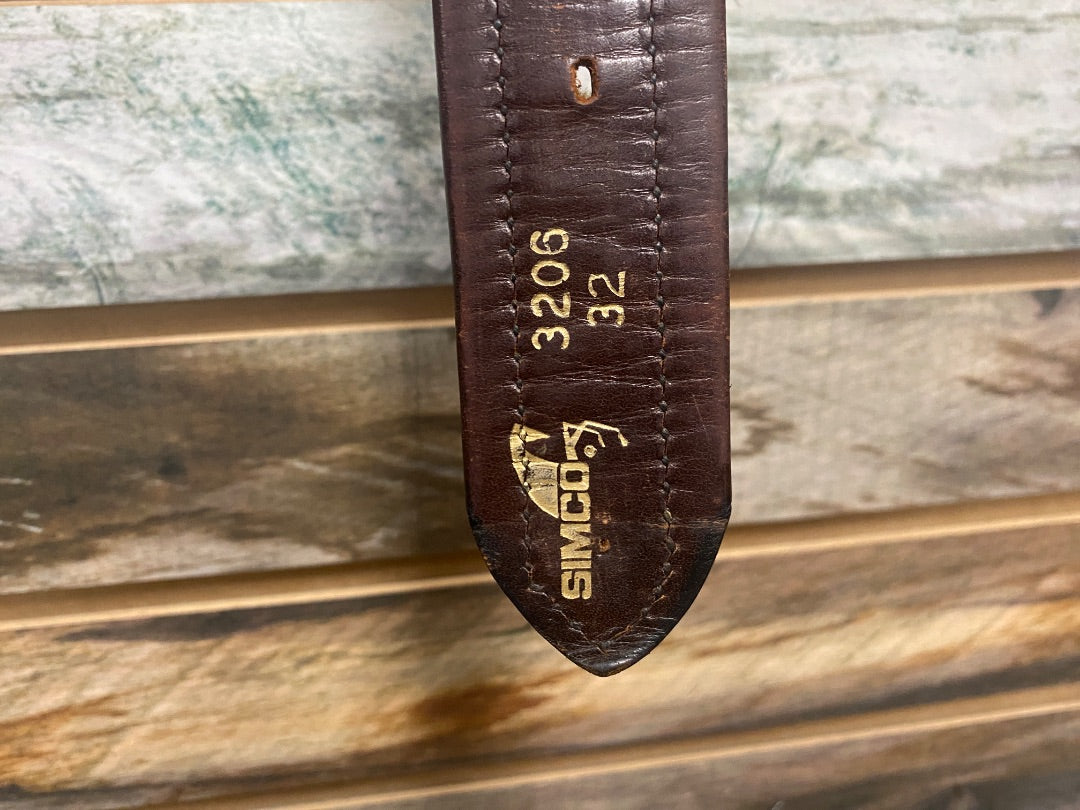 USED Simco Ladies Leather Western Belt 32 Dark Oil w/Silver Lacing