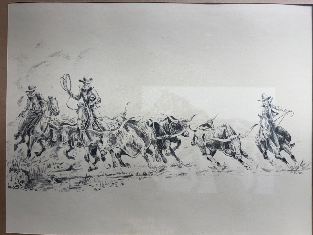 USED Don OConner Framed Cattle Drive Horse Art 21” x 17” Pencil/Cream