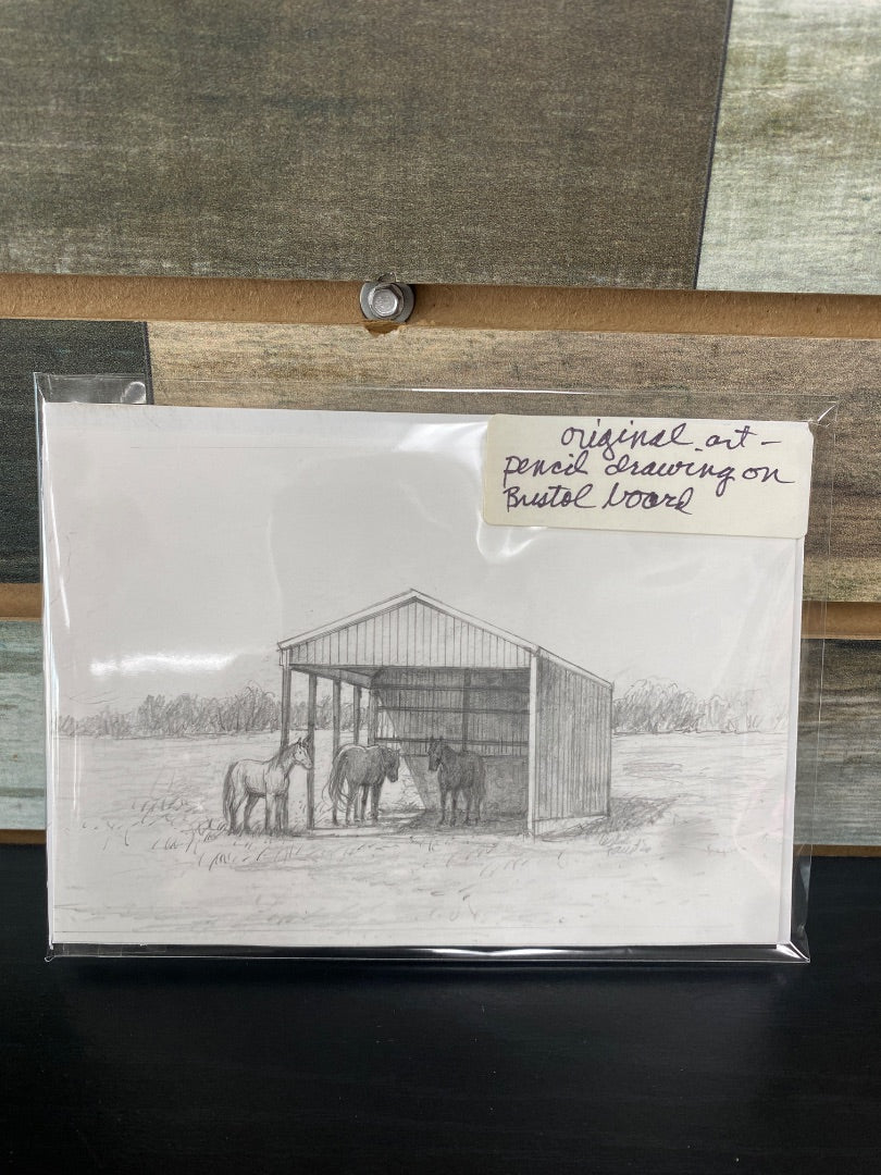 Barn w/ 3 Horses Pencil Drawing 5"x7"