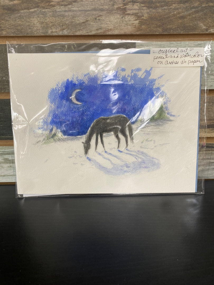 Horse on Winter Snow Watercolor Painting 8"x10"