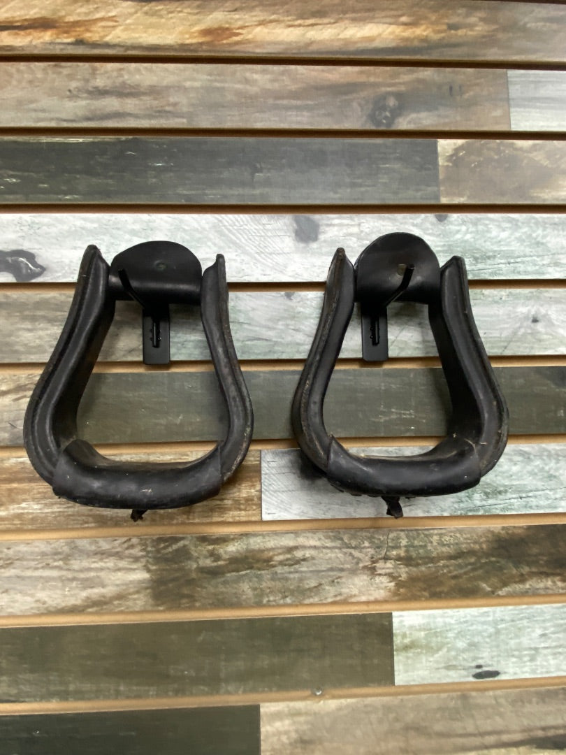 USED Black Leather Wraped Western Stirrups Horse Black