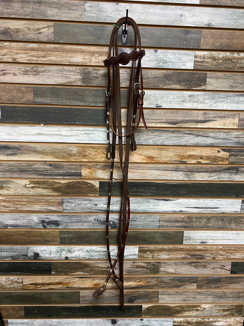 USED Golden Horseshoe Equestrian Western Browband Headstall & Reins Horse Dark Oil With Silver