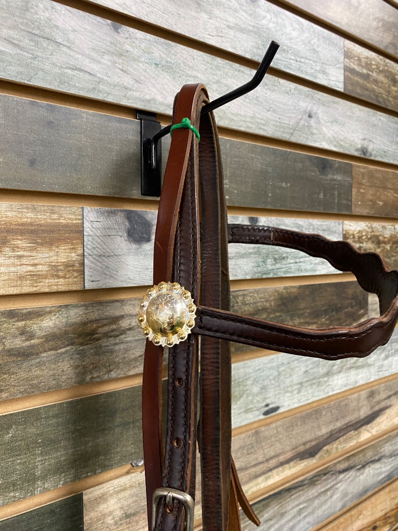 USED Golden Horseshoe Equestrian Western Browband Headstall & Reins Horse Dark Oil With Silver