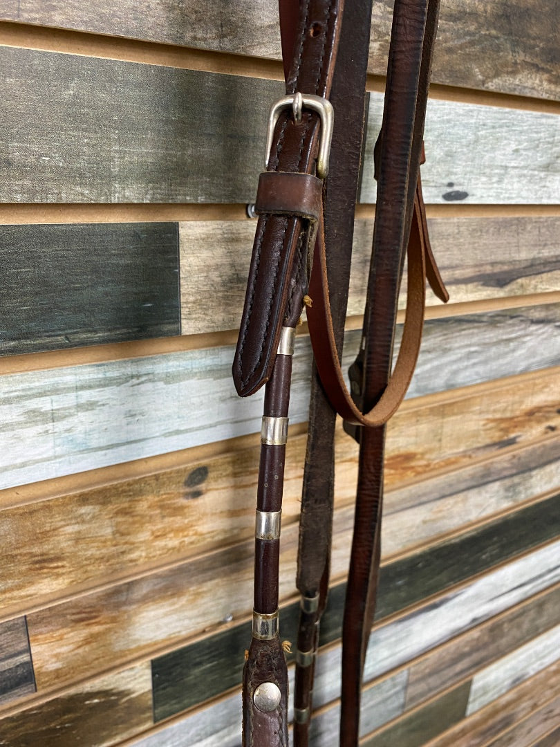 USED Golden Horseshoe Equestrian Western Browband Headstall & Reins Horse Dark Oil With Silver