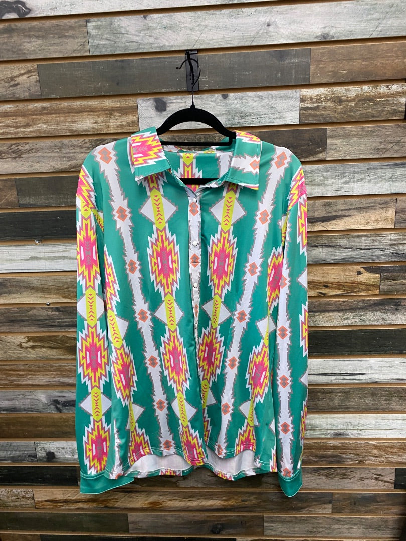 USED Ranch Dress'n Western Show Shirt 2XL Teal/Pink/Yellow