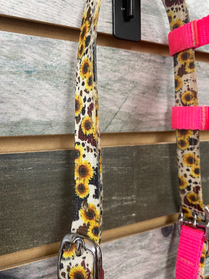 USED Hot Headstalls Custom Nylon Headstall – Pink, Cowhide & Sunflower