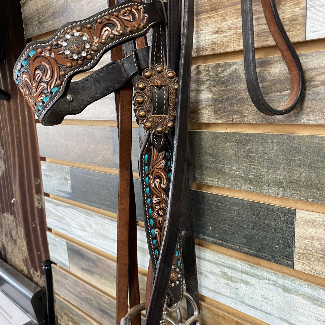 USED No Brand Headstall/Breast collar set Horse Brown w/ Turqoise/Silver Details
