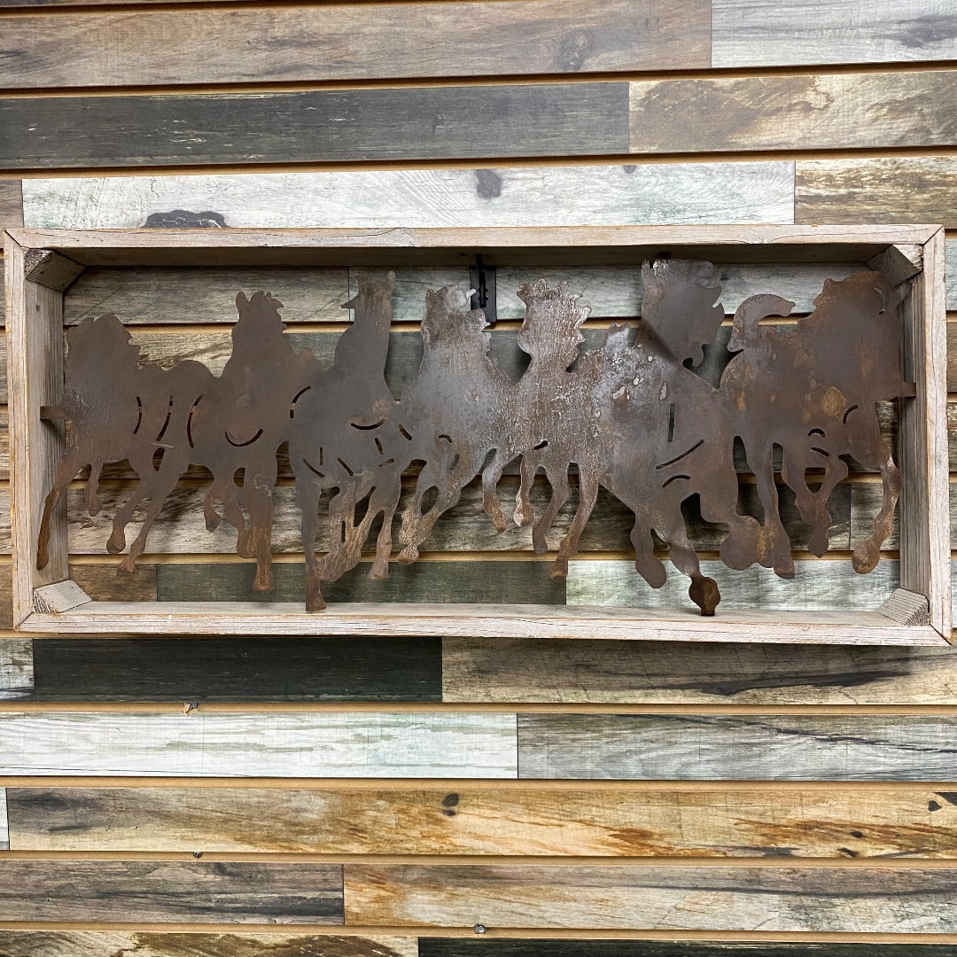 USED Wood Frame Metal Running Horse White/Rustic