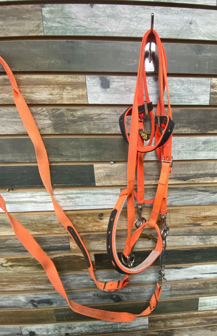 USED Orange Nylon Browband Headstall with Shank Snaffle Bit, Reins, and Tie Down