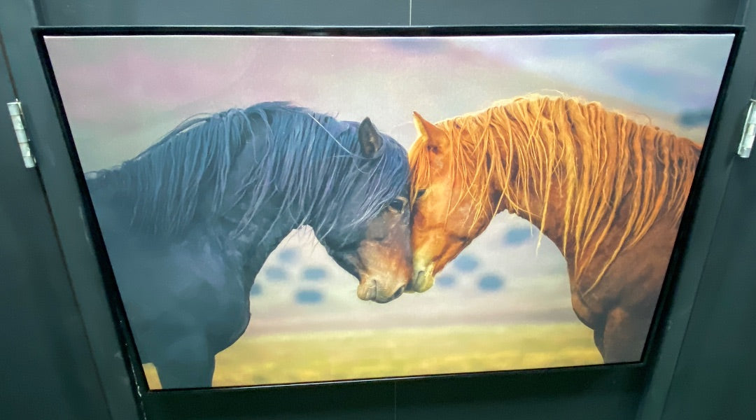 the spring shop Two Horses Canvas Wall Decor 24" H x 36" W x 1.25" D Black, Green, Brown & Chestnut