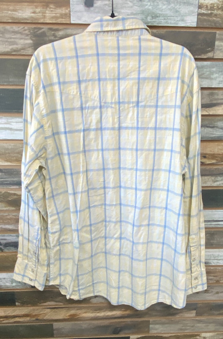 USED Cowboy Hardware Ladies Western Long Sleeve Shirt XL Yellow/Blue Plaid