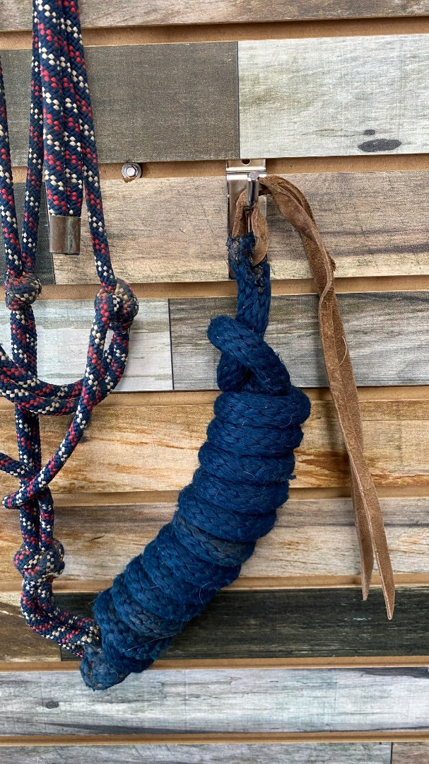 USED Golden Horseshoe Equestrian Rope Halter with Lead Rope Horse Navy/White/Pink with Navy Lead Rope