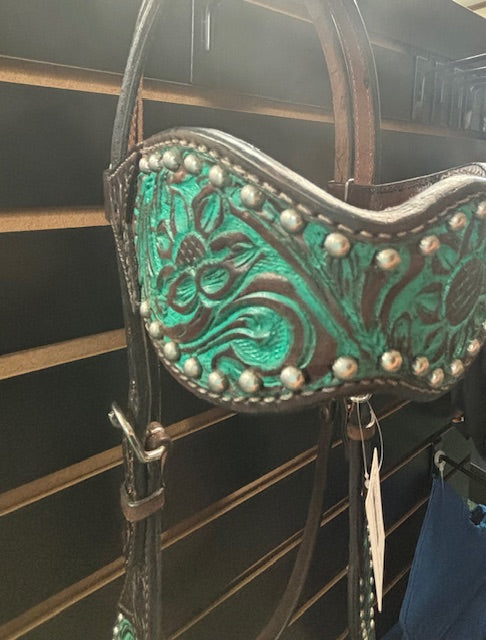 HIlason Leather Tooled Browband Headstall - Turquoise
