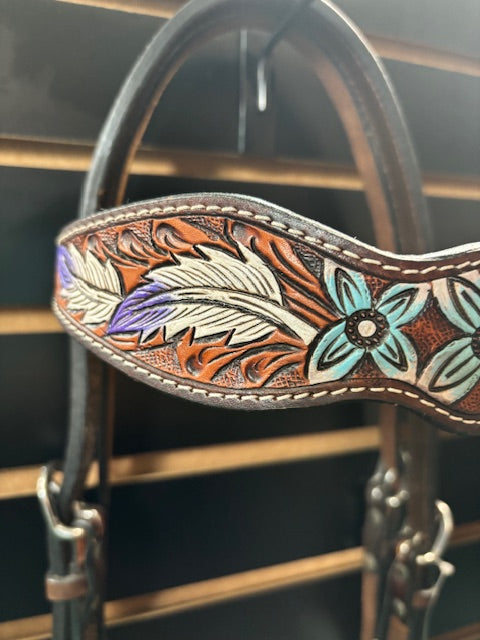 HIlason Leather Tooled Browband Headstall - Purple/Blue Floral