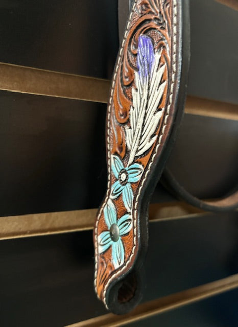 HIlason Leather Tooled Browband Headstall - Purple/Blue Floral