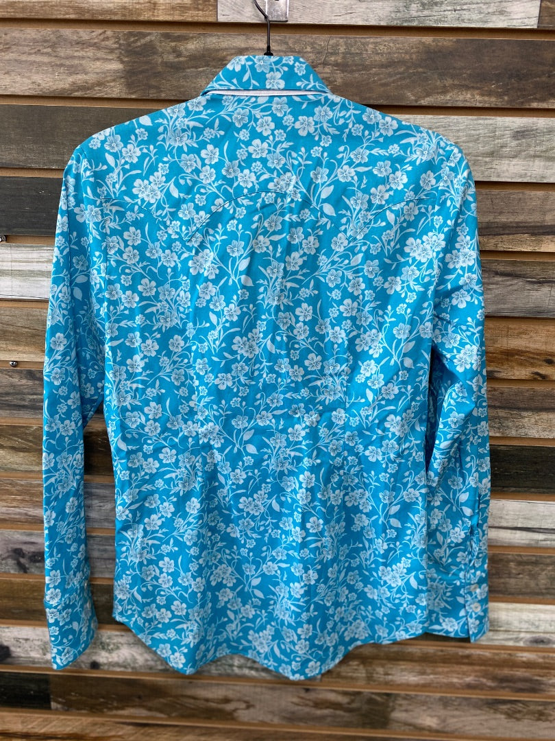 USED CR Ranchwear Ladies Western Tops XS Blue Floral