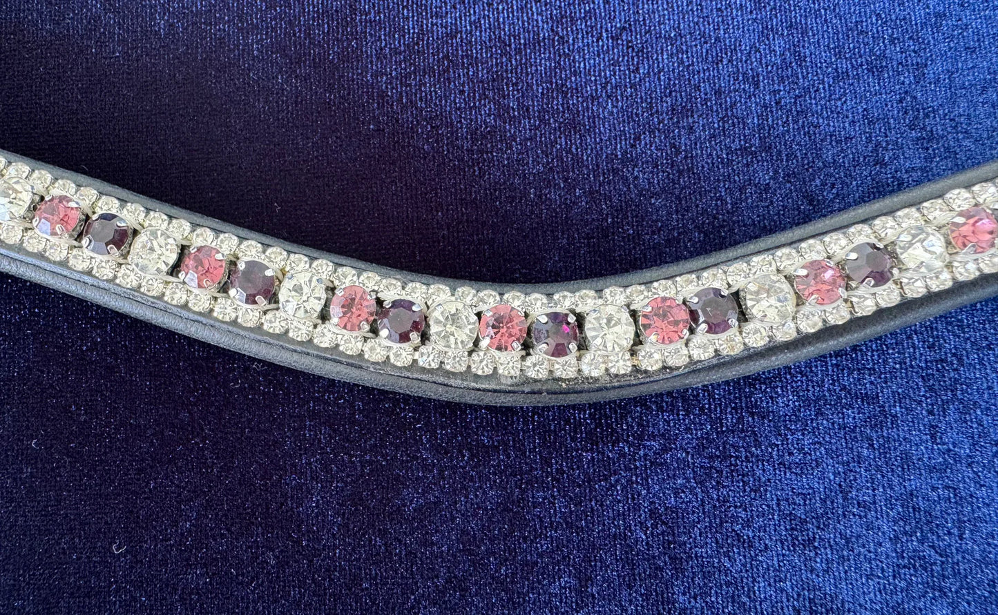 #107 Leather Browband w/Large/ Pink/Ruby/ Crystal pattern,Edged in Crystals