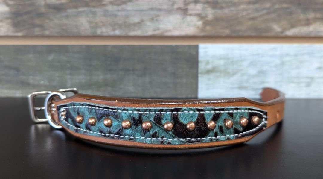 USED Amish Leather Dog Collar with Brass Embellishments 14" Mint Leopard