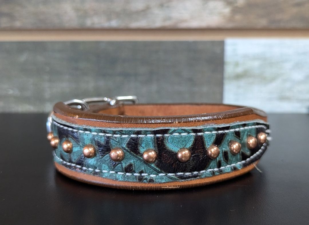 USED Amish Leather Dog Collar with Brass Embellishments 14" Mint Leopard