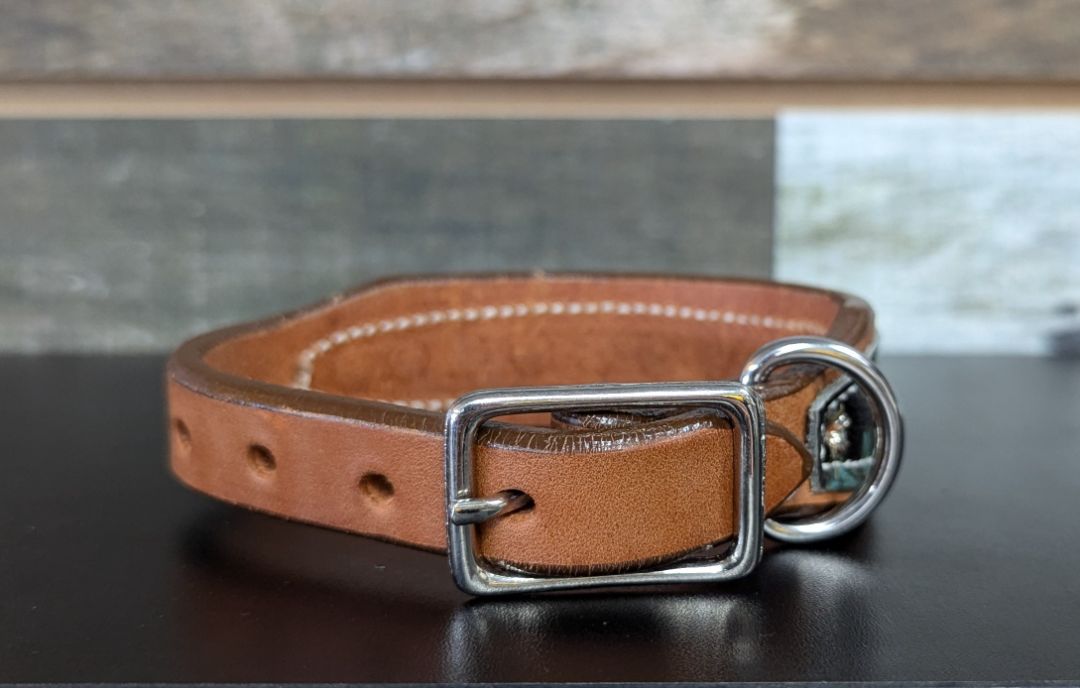 USED Amish Leather Dog Collar with Brass Embellishments 14" Mint Leopard