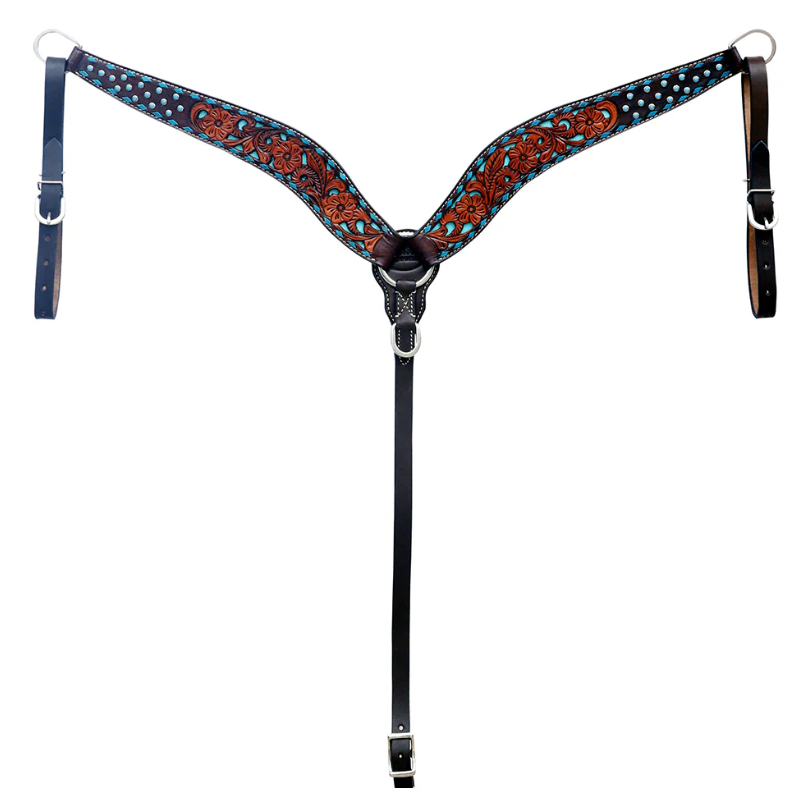 Hilason Western Floral Hand carved Breast collar with Turquoise Buckstitch