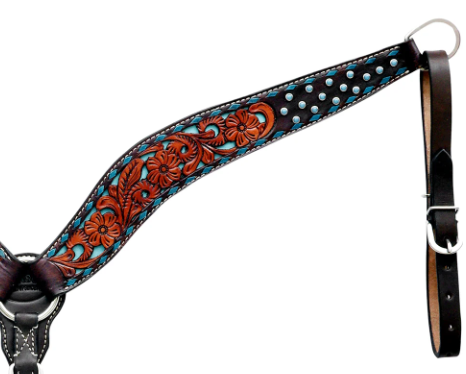 Hilason Western Floral Hand carved Breast collar with Turquoise Buckstitch