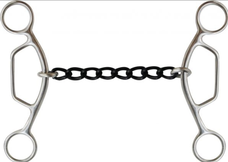 Showman stainless steel sliding gag bit with 6.25" cheeks. Blued steel 5.25" chain mouth piece