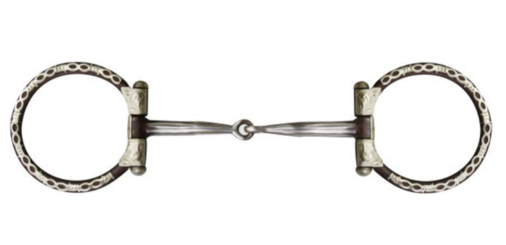 5" Brown Stainless Steel Snaffle Style Bit with Barbwire Silver Trim on 3.5" Rin