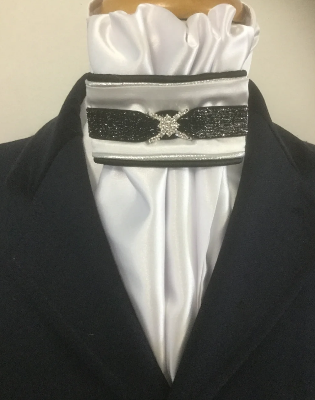 HHD White Satin Dressage Euro Stock Tie ‘Ruby’ in Black & Silver