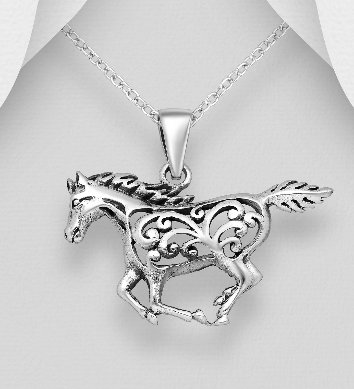 Sterling Silver Running Horse Swirl Pendant