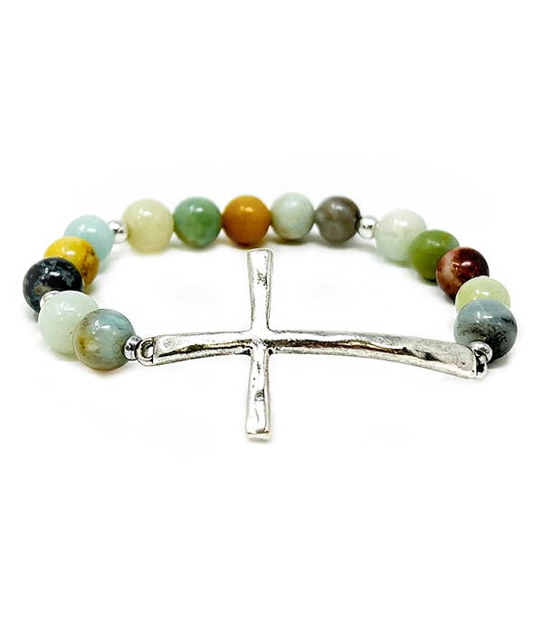 ( TX1042 ) SEMI PRECIOUS STONE BALL CROSS BRACELET