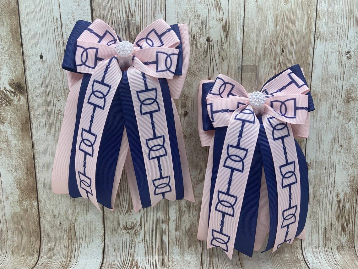 Horse Show Bows - Light Pink Bits with Navy and Pearl Button