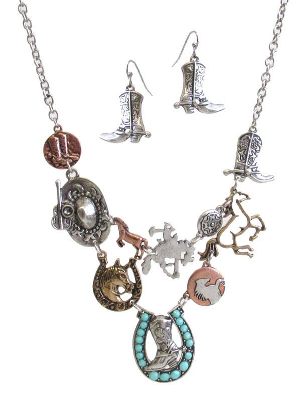 ( V224 ) HORSE THEME MULTI HORSESHOE LINK BIB NECKLACE SET