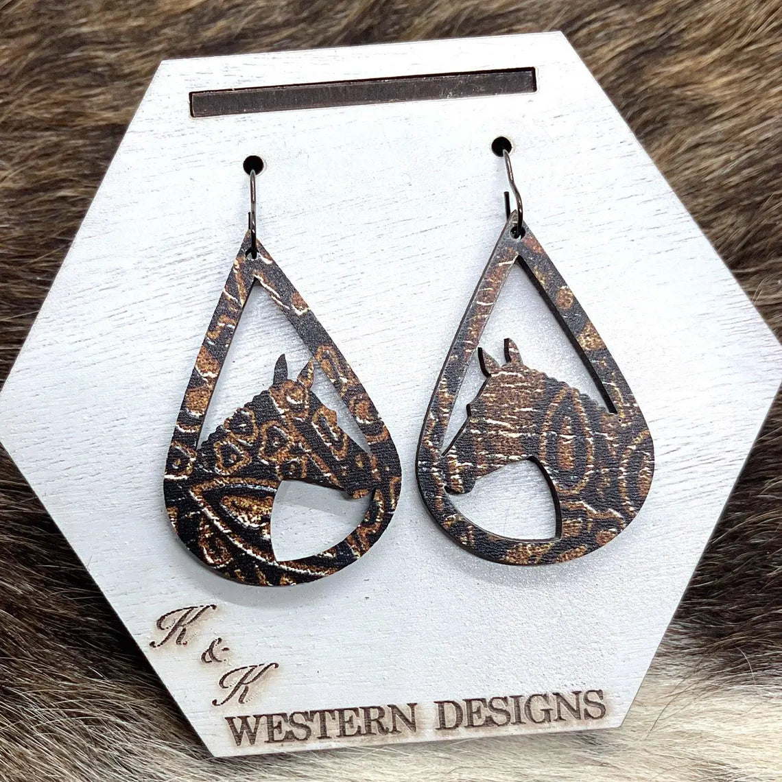 Earrings Wood Horse Head Teardrop