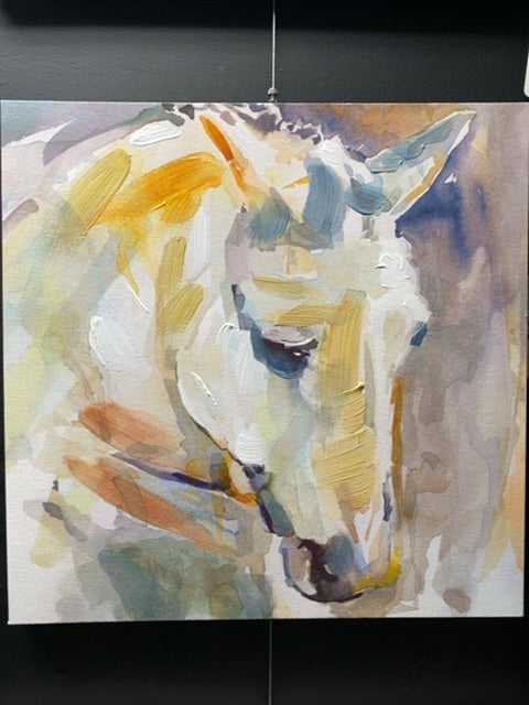 Abstract acrylic- style White Horse Framed Canvas 16x16 White