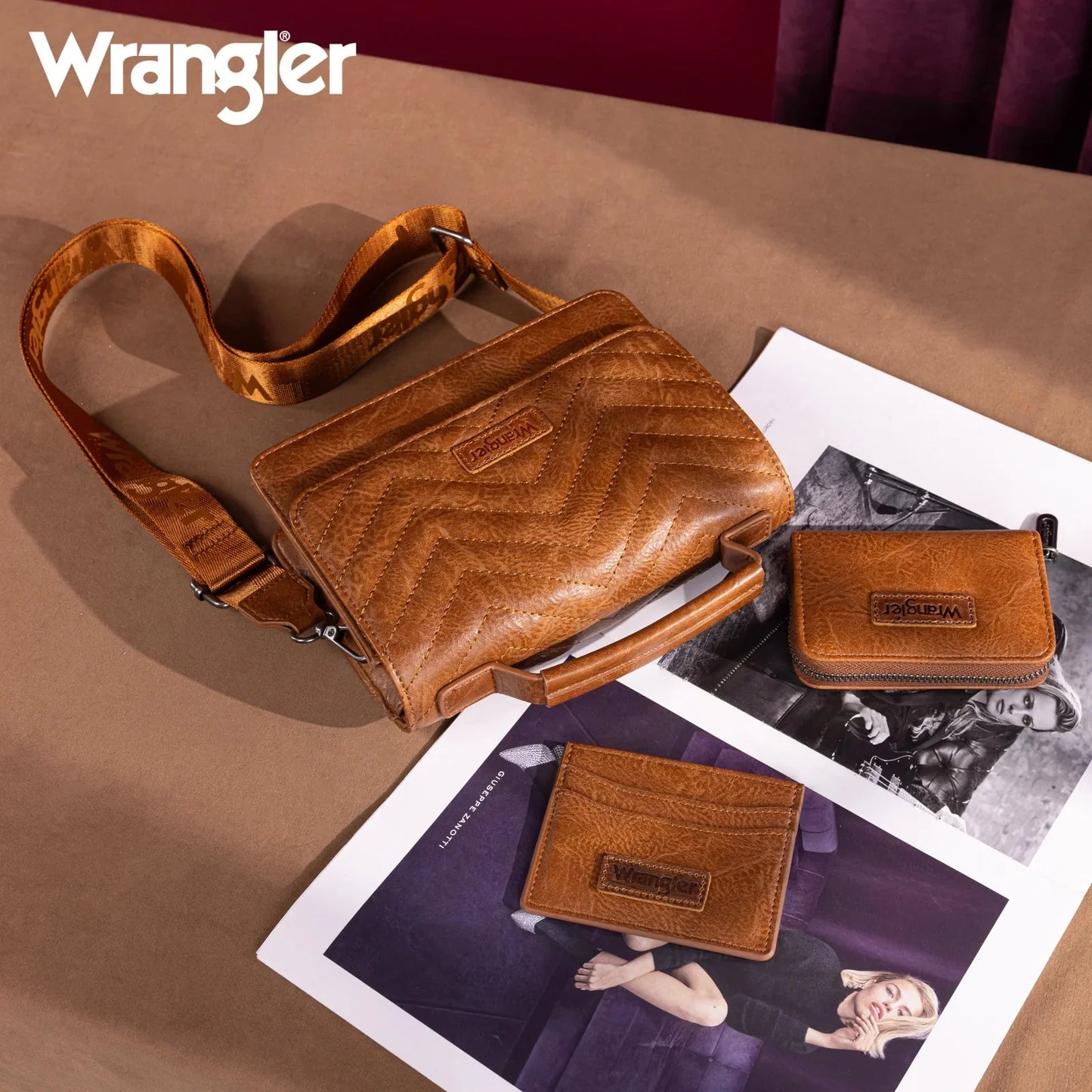 Wrangler 3PCs Set Mini Top Handle Crossbody Set - Saddle
