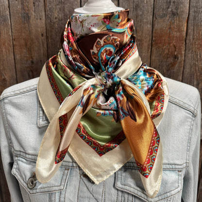 35X35" Brown and Cream Floral Wild Rag / Scarf WR1010