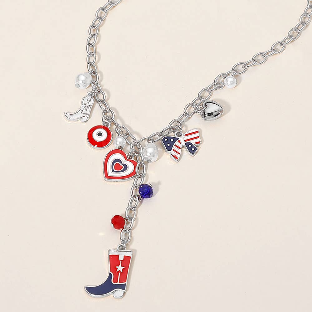 Enamel American USA Flag Cowboy Bow Heart Charm Necklace
