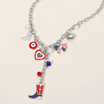 Enamel American USA Flag Cowboy Bow Heart Charm Necklace