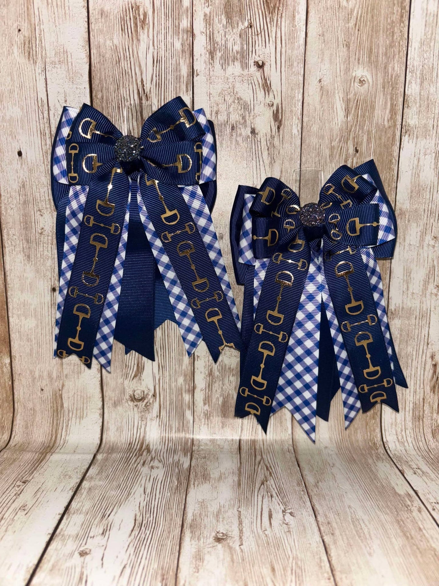 Horse Show Bows - Gold Bits on Navy and White Plaid