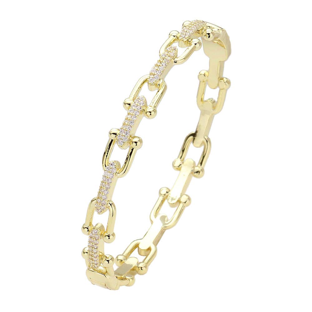 CZ Stone Paved Horseshoe Buckle Hinged Bangle Bracelet