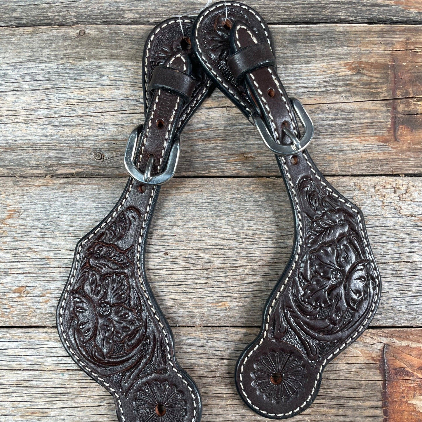 Dark Oil Genuine Leather Floral Tooled Spur Straps