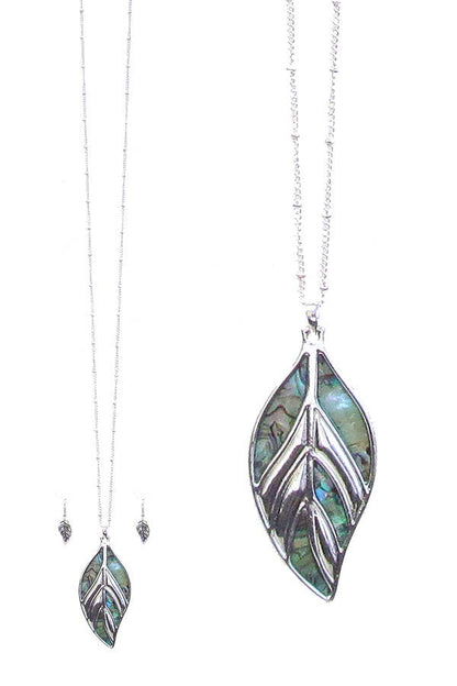 ( H002 )  ABALONE LEAF PENDANT LONG NECKLACE SET
