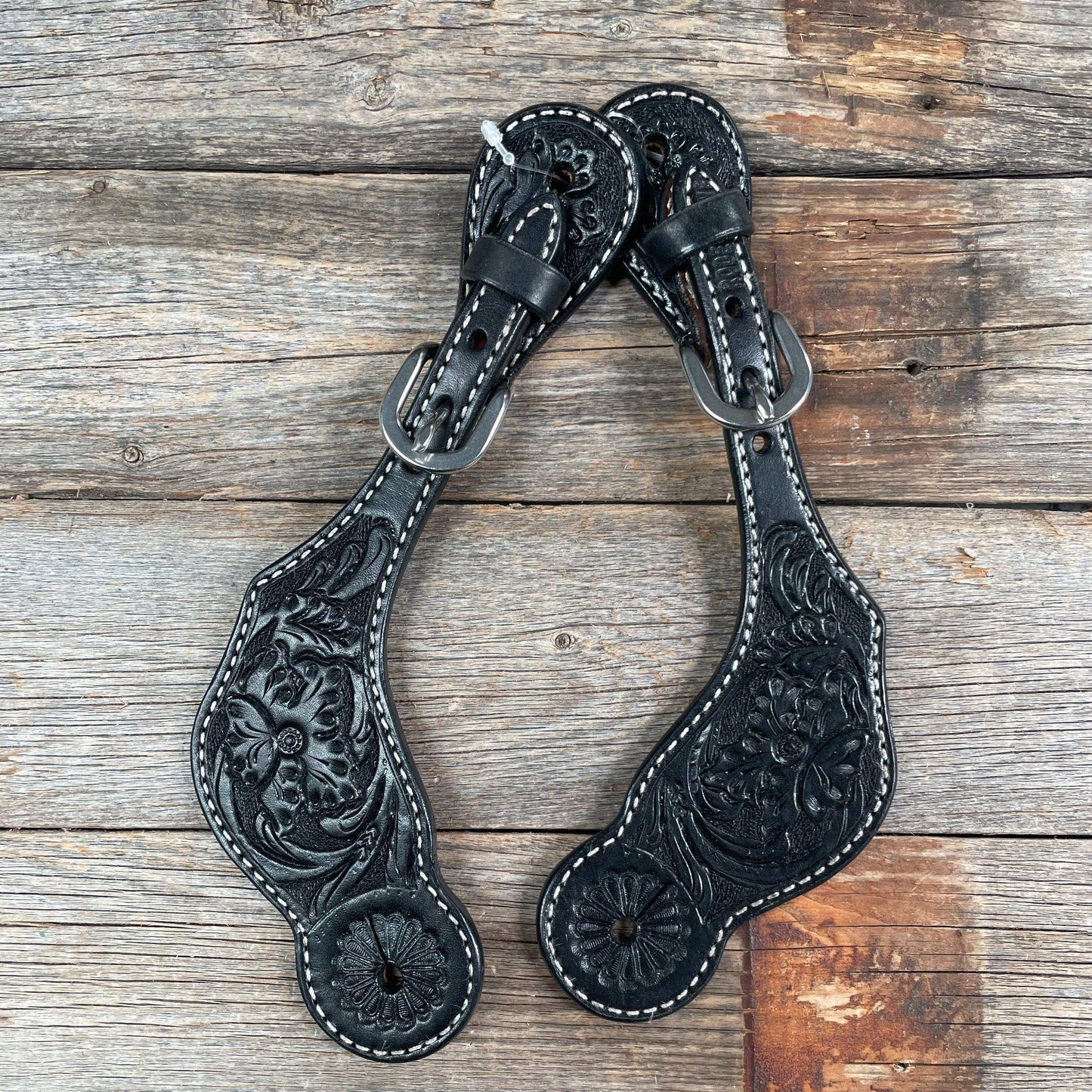 Black Genuine Leather Floral Tooled Spur Straps